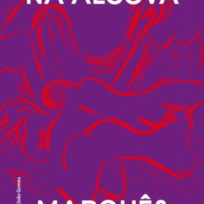 Capa do livro A FILOSOFIA NA ALCOVA de MARQUÊS DE SADE com fundo roxo e ilustrações vermelhas