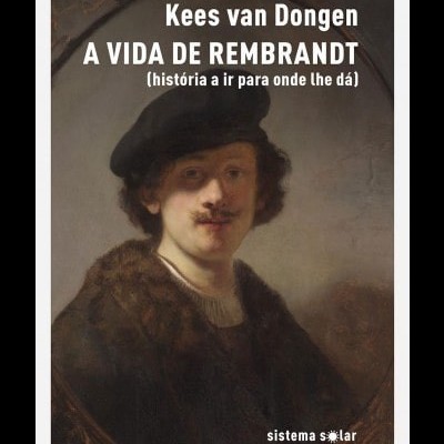 Capa de livro com retrato clássico de Rembrandt e título em texto branco