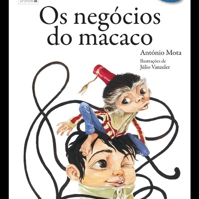 Capa do livro 'Os negócios do macaco' com ilustração de duas figuras e texto editorial