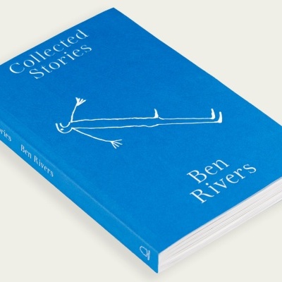 Livro com capa azul e ilustração branca minimalista