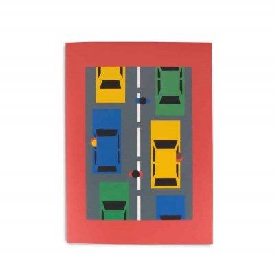 Cartão com ilustração colorida de estrada e carros estilizados