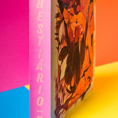 Livro BESTIÁRIO - 2 com lombada rosa e capa colorida em fundo vibrante