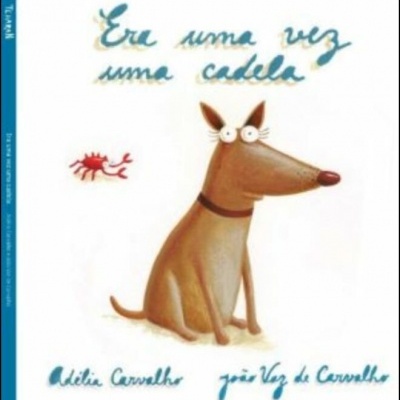 Capa de livro infantil com cão castanho e texto em azul