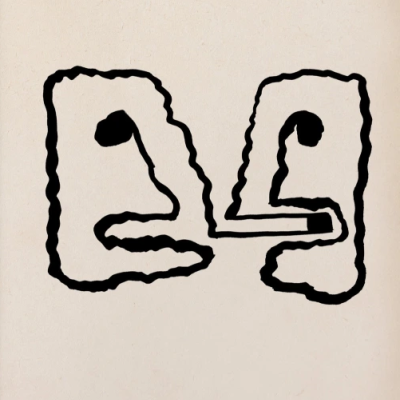 Desenho abstrato de perfis humanos em linha preta sobre fundo bege