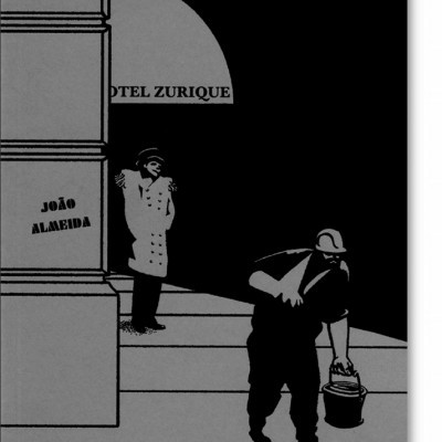 Capa de livro cinza e preto com homem e figura atrás, texto 'HOTEL ZURIQUE' e 'JOÃO ALMEIDA'.