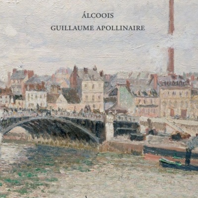 Capa de livro ÁLCOOIS de Guillaume Apollinaire com pintura de paisagem urbana e textos