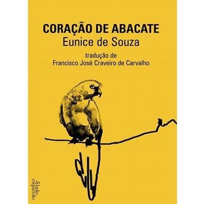 Capa de livro amarelo com ilustração de papagaio e texto preto.