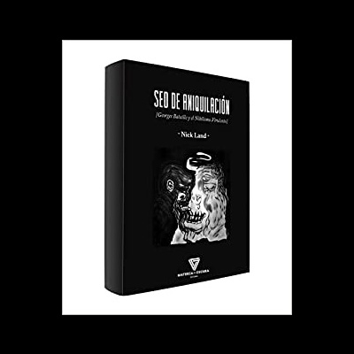 Livro preto com título SEO DE ANIQUILACIÓN e imagem preto e branco de rosto metade macaco metade humano