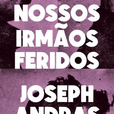 Capa de livro com título e autor em texto branco sobre fundo roxo com imagens desfocadas de pessoas