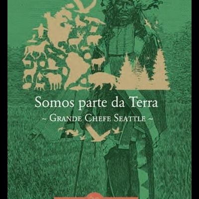 Ilustração de chefe indígena com penacho, animais e árvores dourados e texto motivacional
