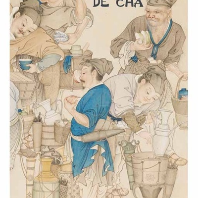 Ilustração vintage de sete homens tradicionais chineses a beber chá com várias chávenas e utensílios