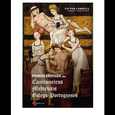 Capa de livro com pintura medieval e texto sobre poemas eróticos