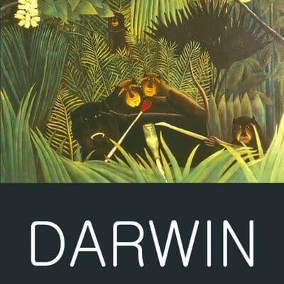 Capa de livro com ilustração de macacos e vegetação e texto DARWIN THE ORIGIN OF SPECIES