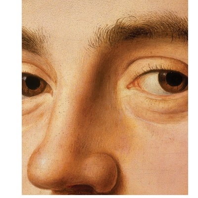 Close-up de um rosto humano com texto ELECTRA no topo e logo da Fundação EDP em fundo branco