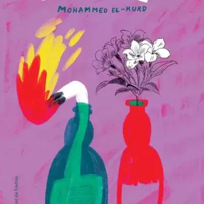 Capa de livro com título RIFQA, autor Mohammed El-Kurd, dois vasos com fogo e flores em fundo rosa