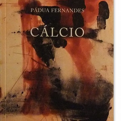 Capa do livro 'CÁLCIO' de Pádua Fernandes com arte abstrata em castanho, vermelho e preto.