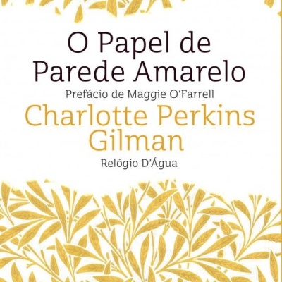 Capa de livro 'O Papel de Parede Amarelo' com folhas amarelas decorativas