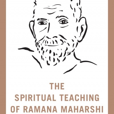 Capa do livro 'The Spiritual Teaching of Ramana Maharshi' com desenho minimalista de rosto de homem