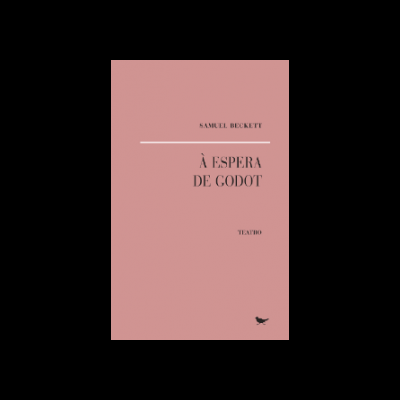 Capa rosa de livro À ESPERA DE GODOT com texto e pássaro preto