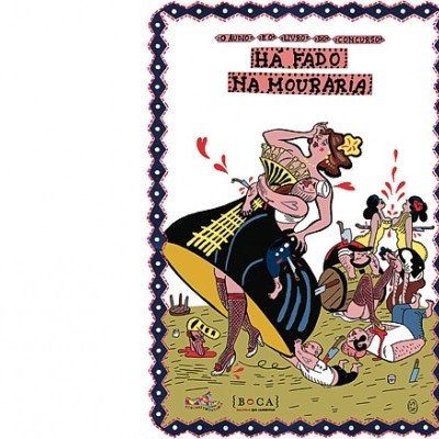 Ilustração cartoon mulher em vestido tradicional com homens bebendo vinho ao fundo e texto HA FADO NA MOURARIA