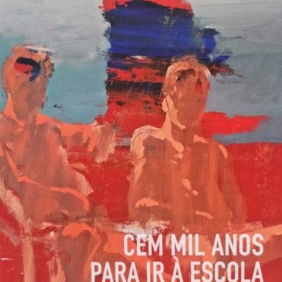 Capa de livro com pintura abstrata de dois homens e texto em branco