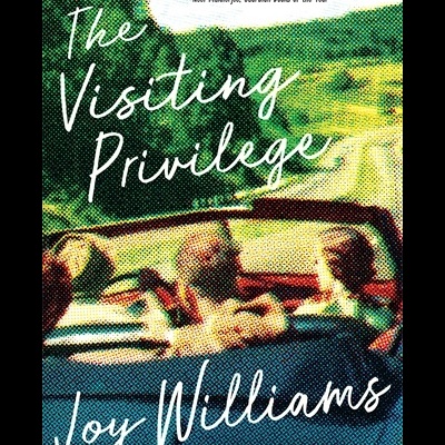 Capa de livro 'The Visiting Privilege' com três pessoas num carro descapotável e texto editorial