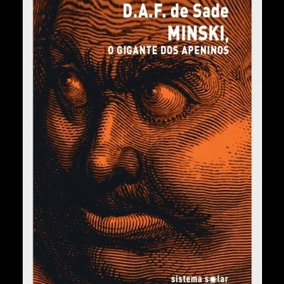 Capa de livro laranja com ilustração detalhada do rosto de um homem e texto em branco.