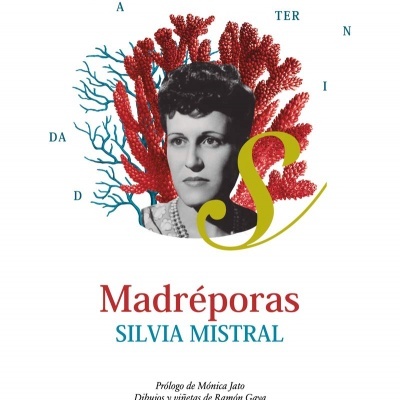 Capa de livro 'Madréporas' com retrato feminino e coral vermelho e azul