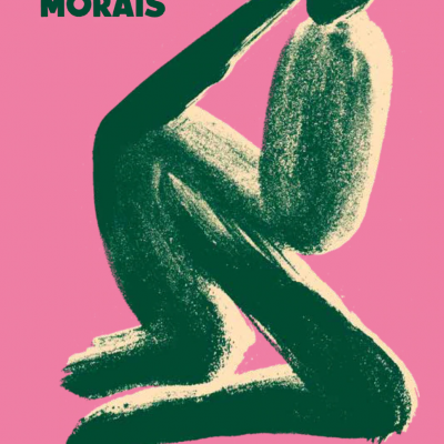 Capa de livro rosa com ilustração abstrata verde e bege e texto em verde