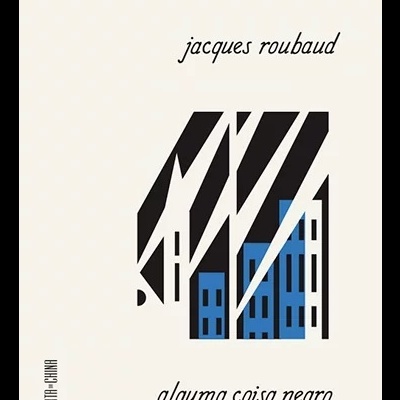 Capa de livro com texto manuscrito e ilustração abstrata de edifícios em preto e azul
