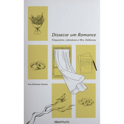 Capa do livro 'Dissecar um Romance' com ilustrações minimalistas amarelas e pretas num fundo branco