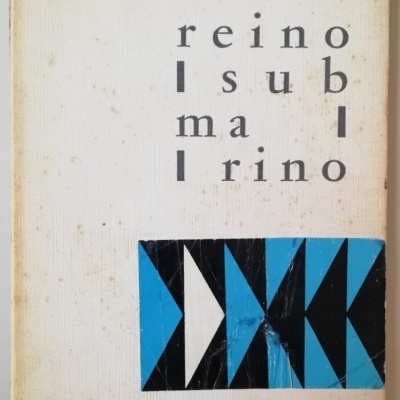 Capa do livro 'reino sub-marino' com padrão azul, preto e branco