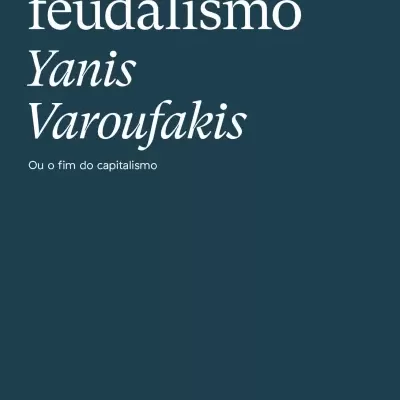 Capa de livro Tecno-feudalismo de Yanis Varoufakis em fundo azul escuro