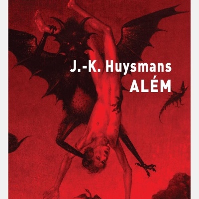 Capa de livro vermelha com figura demoníaca negra segurando homem nu de cabeça para baixo