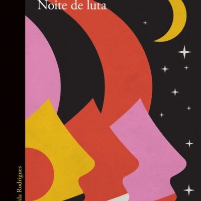 Capa do livro 'Noite de luta' de Miriam Toews com perfis coloridos e lua e estrelas no fundo negro