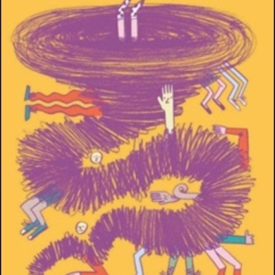 Capa de livro 'CICLONE' com ilustração abstrata roxa sobre fundo amarelo