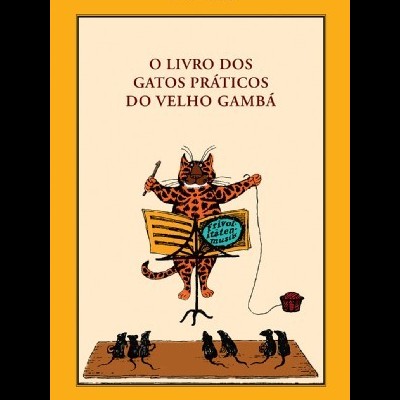 Capa de livro amarelo com gato a tocar violino e cinco ratos no chão