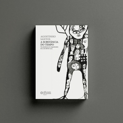 Capa do livro 'A Substância do Tempo' de Agostinho Santos com desenho preto de figura humana feita de rostos e olhos