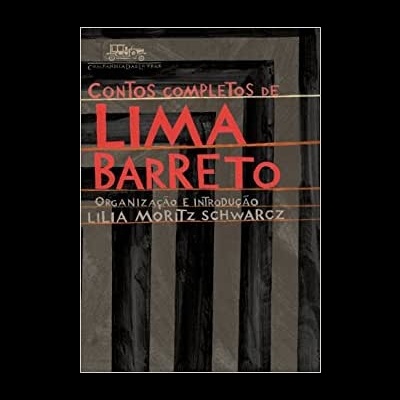 Capa de livro Contos completos de Lima Barreto com texto em vermelho e branco sobre fundo escuro abstrato