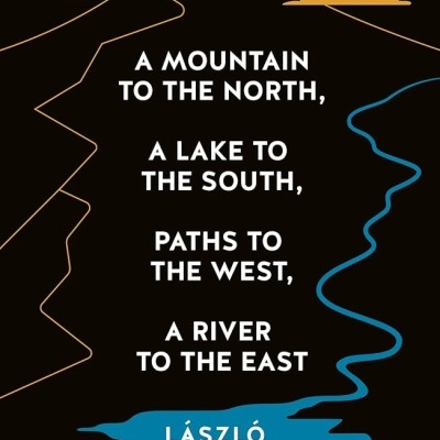 Capa de livro com título e ilustrações minimalistas de montanha e rio