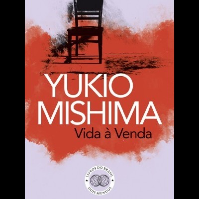 Capa de livro 'Vida à Venda' de Yukio Mishima com cadeira preta e fundo lilás e vermelho