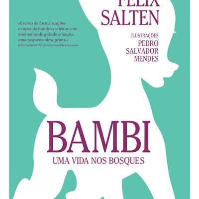 Capa do livro Bambi com silhueta de cervo em fundo verde e texto lilás