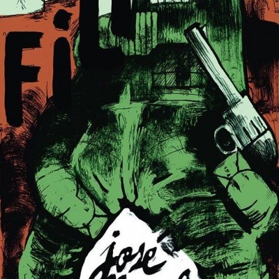 Ilustração artística com figura verde segurando arma e texto manuscrito em branco