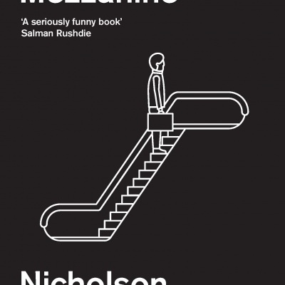 Capa do livro The Mezzanine com ilustração minimalista de escada rolante e texto branco