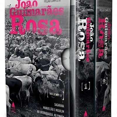 Conjunto de dois livros de João Guimarães Rosa na caixa protetora com imagem de boiada e texto em rosa e branco