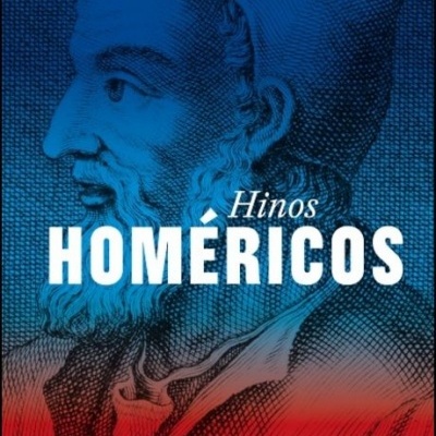 Capa de livro Hinos HOMÉRICOS com ilustração de perfil de homem barbudo e gorro em fundo azul e vermelho.