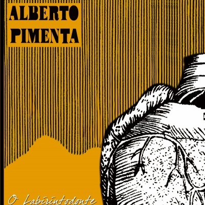 Capa com texto ALBERTO PIMENTA e desenho de animal pré-histórico
