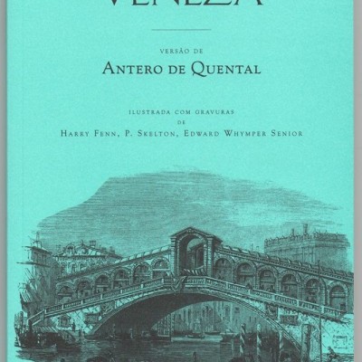 Capa de livro azul com título VENEZA e ilustração de ponte e canal em preto