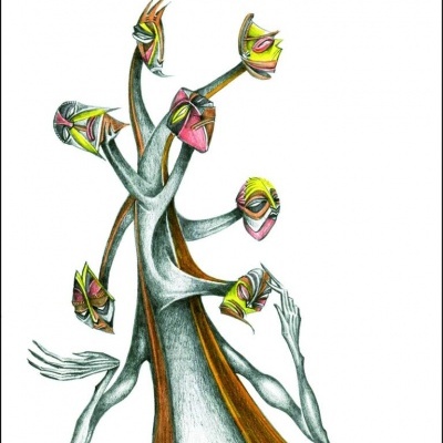 Capa de livro BARBABÉLICO com ilustração de árvore estilizada e máscaras coloridas