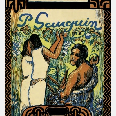 Cartaz artístico com texto NOA NOA e figuras humanas em fundo decorativo